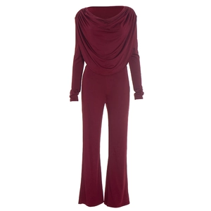 Detail of burgundy long sleeve jumpsuit featuring elegant draped cowl neckline design