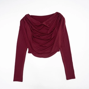 Detailed close-up of wine red cowl neck long sleeve top with elegant draped layers