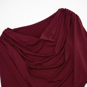 Detail of burgundy cowl neck top with gathered shoulders and soft jersey texture