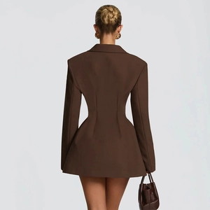 Detail view of the slim-fit dark brown hourglass blazer dress with structured back seams
