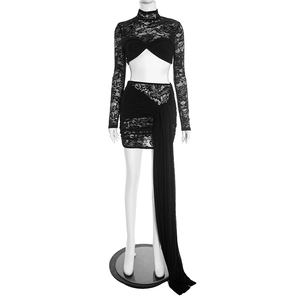 Detail of black lace two-piece set with mesh sleeves and side drape decoration