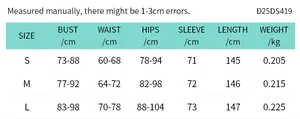 Detailed size guide table for V-neck long sleeve dress showing chest and waist measurements