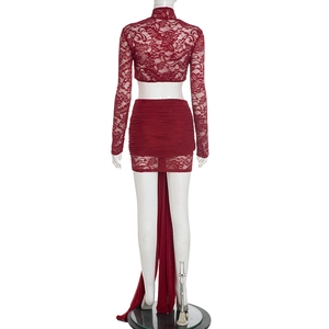 Detailed back view of a dark red lace two-piece set featuring a long skirt train