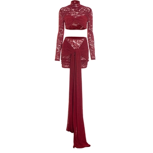 Detailed close-up of wine red lace long sleeve crop top and mini skirt with long fabric drapes