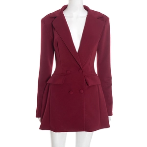 Detail of burgundy slim fit double breasted blazer dress with notched lapels and flap pockets