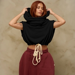 Detail of black sleeveless hooded sweatshirt with thick beige drawstring and large cowl neck