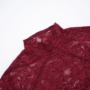 Detail of floral lace texture on wine red high neck top with high quality stitching