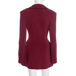 Back view of a slim fit burgundy blazer dress showing waist tailoring on a white mannequin
