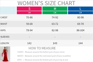 Detailed women's size chart for sleeveless chiffon evening dress with chest and waist info