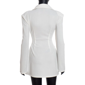 Rear view of a white slim fit long sleeve blazer dress with structured shoulders