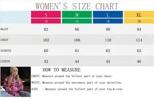 Detailed women's size chart for pink camouflage jacket showing bust and waist measurements