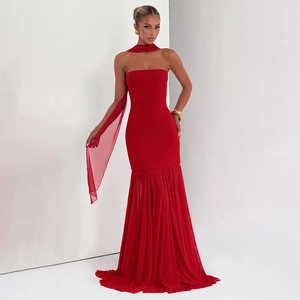 Elegant red strapless fishtail maxi dress with matching chiffon shawl for formal events