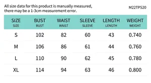 Detailed size chart for women long sleeve reversible jacket showing S to XL measurements