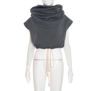 Detail of dark grey sleeveless hoodie featuring exaggerated stack-collar and white drawstrings