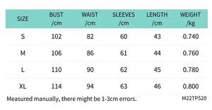 Size chart for reversible printed jacket showing bust, waist, and length measurements