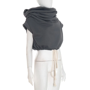 Detail view of charcoal grey sleeveless hoodie featuring draped cowl neck and drawstrings