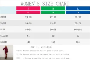 Detailed size chart for women's long sleeve slim fit maxi dress with measurements in cm