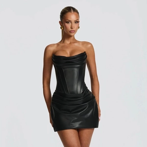 Detailed view of black PU leather corset dress featuring pleated bodice and A-line silhouette