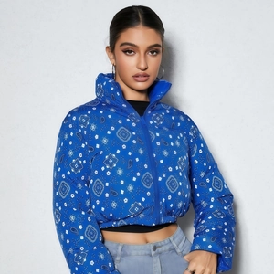 Women Reversible Cropped Puffer Jacket Paisley Bandana Camo Print Stand Collar Zipper Short Cotton Padded Coat Outwear
