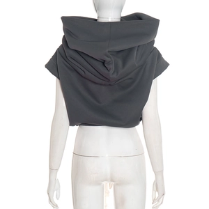 Detailed back view of a dark grey cropped sleeveless hoodie with layered oversized hood
