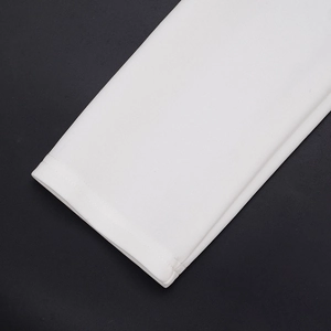 Detailed close-up of double-stitched white sleeve hem showing smooth fabric texture
