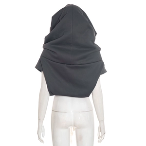 Rear view of a dark grey hooded shawl with drawstring on a white mannequin