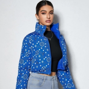 Blue reversible bandana print puffer jacket with zip-up collar for women