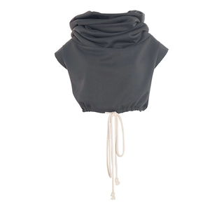 Detail of charcoal grey hooded vest featuring a cowl neck and white drawstring cord adjustment