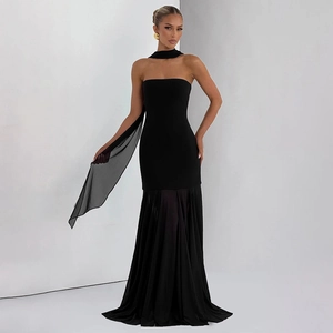 Detail of elegant black strapless mermaid dress with matching chiffon scarf and fishtail hem