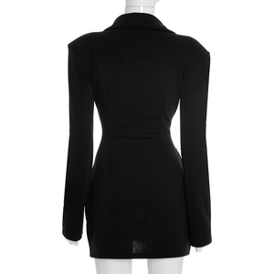 Back view of a black long sleeve blazer dress with a slim fit waist and suit lapel