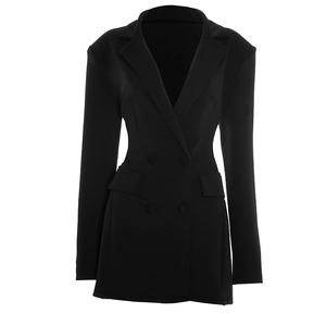 Detailed view of women's black double-breasted blazer dress with slim fit waist