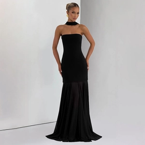 Detail of elegant black tube top dress featuring matching choker and sleek mermaid silhouette