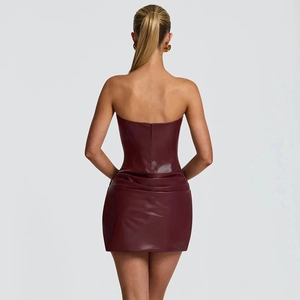 Deep burgundy faux leather strapless mini dress with fitted back and hidden zipper