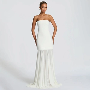 Detail view of white strapless evening dress with pleated chiffon fishtail skirt