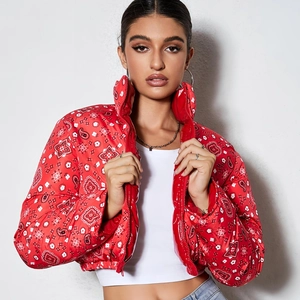 Women's red bandana print quilted jacket with high collar and slim fit cropped design