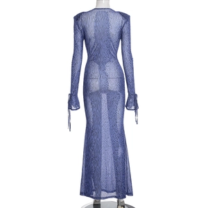Close-up of sheer purple mesh maxi dress with animal print and split tie-up cuffs