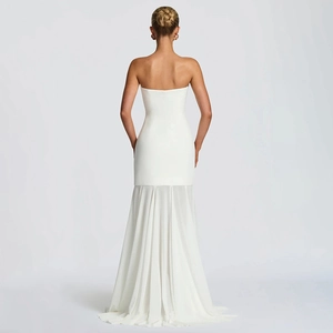 Back view of elegant white strapless dress with sheer chiffon fishtail patchwork