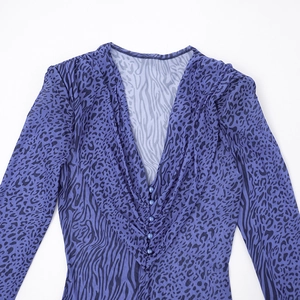 Detail of the deep V-neckline with blue buttons and leopard print on flocking mesh