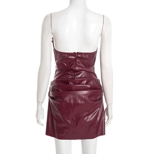 Back view of burgundy PU leather mini dress with pleated layers and hidden zipper
