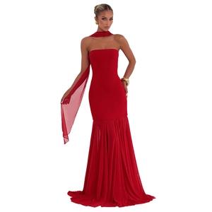 Elegant red strapless fisheye dress with matching chiffon shawl for formal evening events