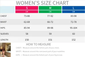 Women's elegant slim fit dress size chart with detailed chest, waist and hip measurements
