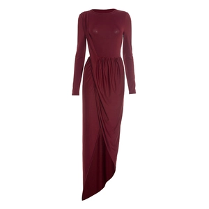 Detailed close-up of burgundy bodycon dress featuring elegant side ruched pleats and slit