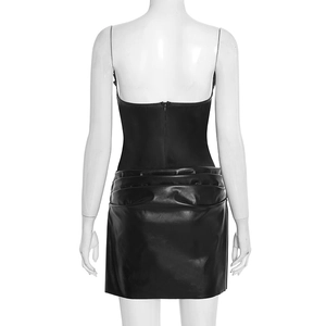 Detailed back view of a black PU leather dress showing the zipper and ruched texture