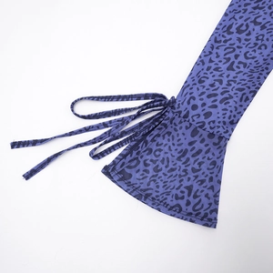 Detail of purple leopard flocking mesh maxi dress featuring flared sleeves and drawstring ties