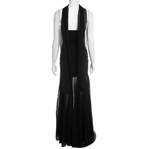 Detail of elegant black strapless maxi dress with chiffon scarf neck and tiered mesh layers