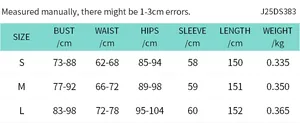 Size chart for women elegant slim long dress showing S M L measurements in centimeters