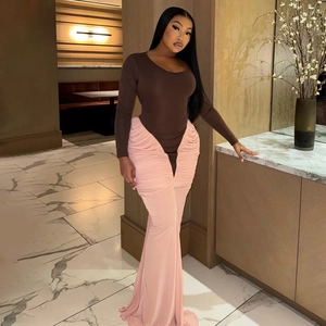 Elegant two-tone slim fit long dress with brown long sleeves and pink pleated skirt