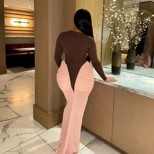 Elegant two-tone bodycon maxi dress with long sleeves and ruched detail back view
