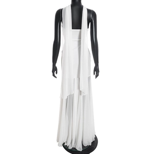 Back view of elegant white chiffon maxi dress featuring open back and flowing streamers