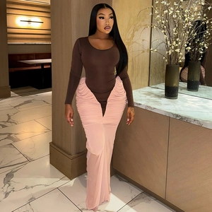 Elegant two-piece slim fit dress with contrast bodysuit and pleated pink maxi skirt